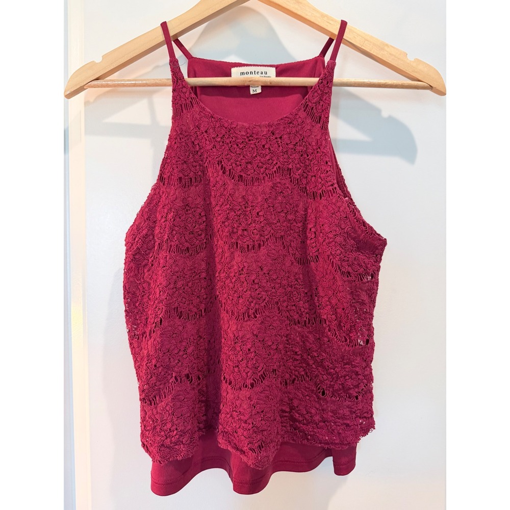 Monteau‎ Los Angeles Women Red Floral Lace Halter Top Spaghetti Strap Medium